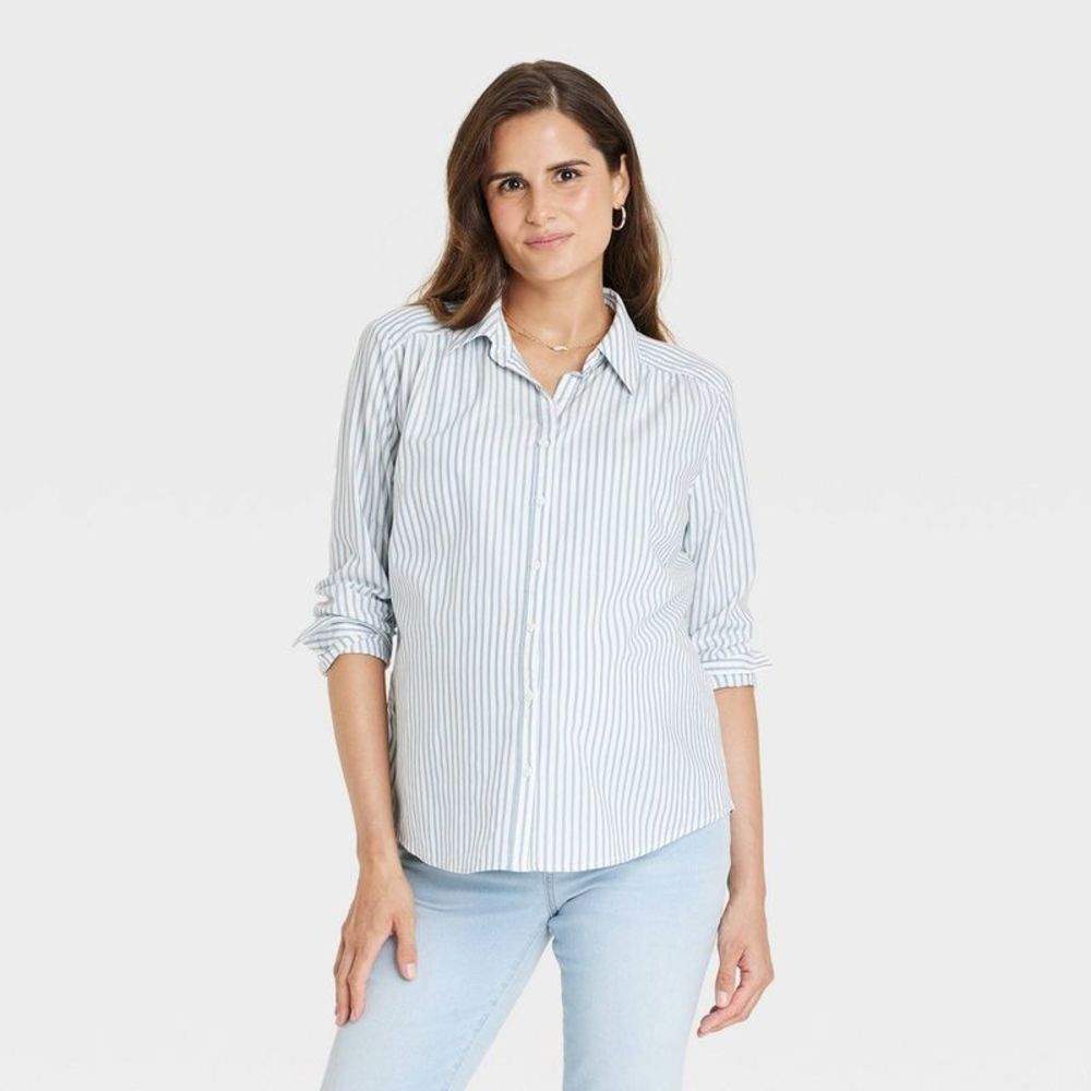 Woven Long Sleeve Button-Front Maternity T-Shirt - White